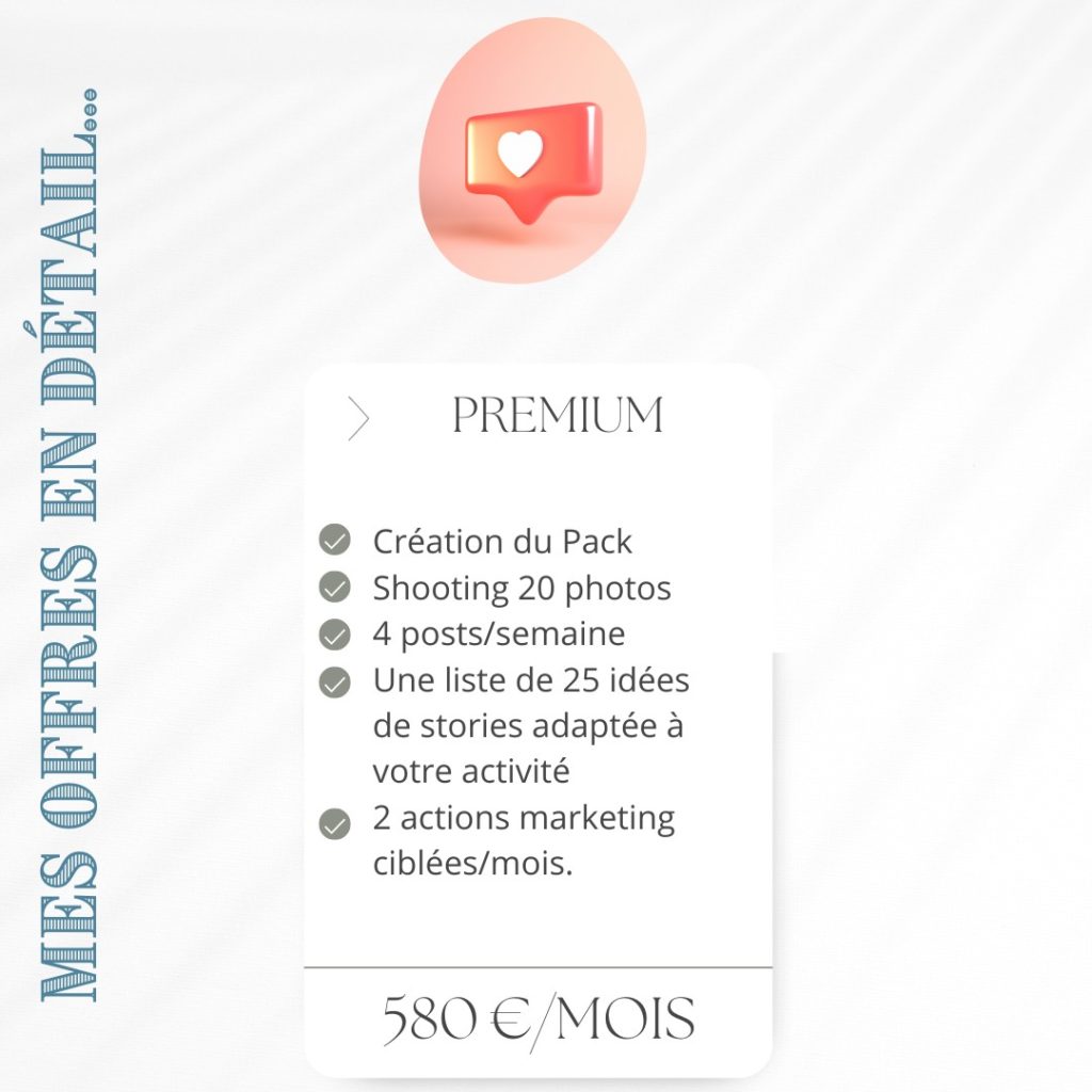 offre premium mysetmaker, votre compte instagram avec 4 posts par semaine, 25 idées de stories, 2 actions marketing ciblé : du pur sur mesure pour 580 euros par mois.